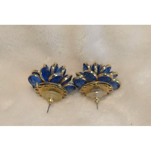 Vintage Pierced Earrings Gold-Tone Blue Glass/Crystal Bezel Set Floral Design - Picture 5 of 8